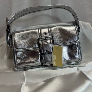 Michael Kors Colby Med Metallic Silver Shoulder Bag NWT